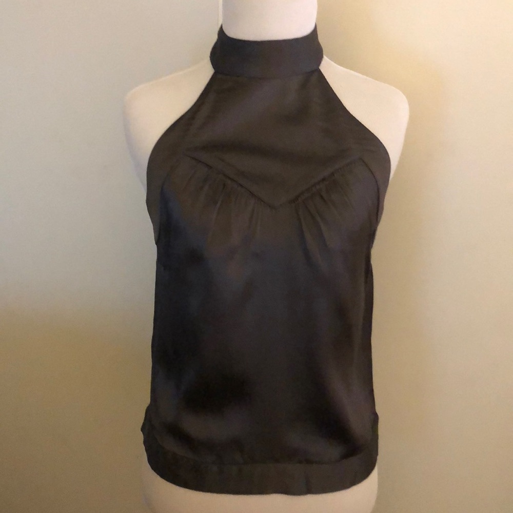 Brown, sleeveless, satin-like dressy shirt